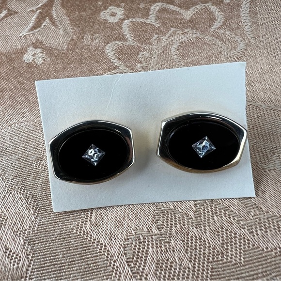 VINTAGE CUFFLINKS BLACK SILVER RHINESTONE ACCENT EVENT FORMAL WEDDING - Picture 2 of 6